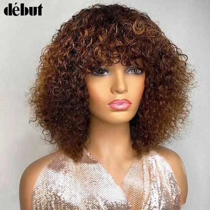 Jerry Curly Short Pixie Bob Cut Human Hair Wigs Bangs Women Wear Go Peruvian Highlight Honey Water