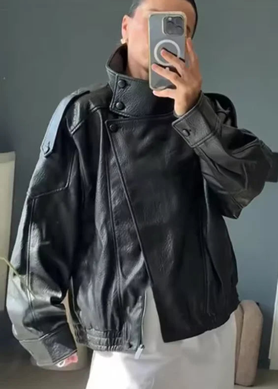 Women's Faux Leather Motorcycle Jacket Long Sleeve
