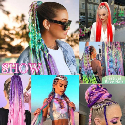 Synthetic Colorful Ponytail Extension 2pcs Long Straight Diy Braided Pony Tail Hairpiece Rubber Band