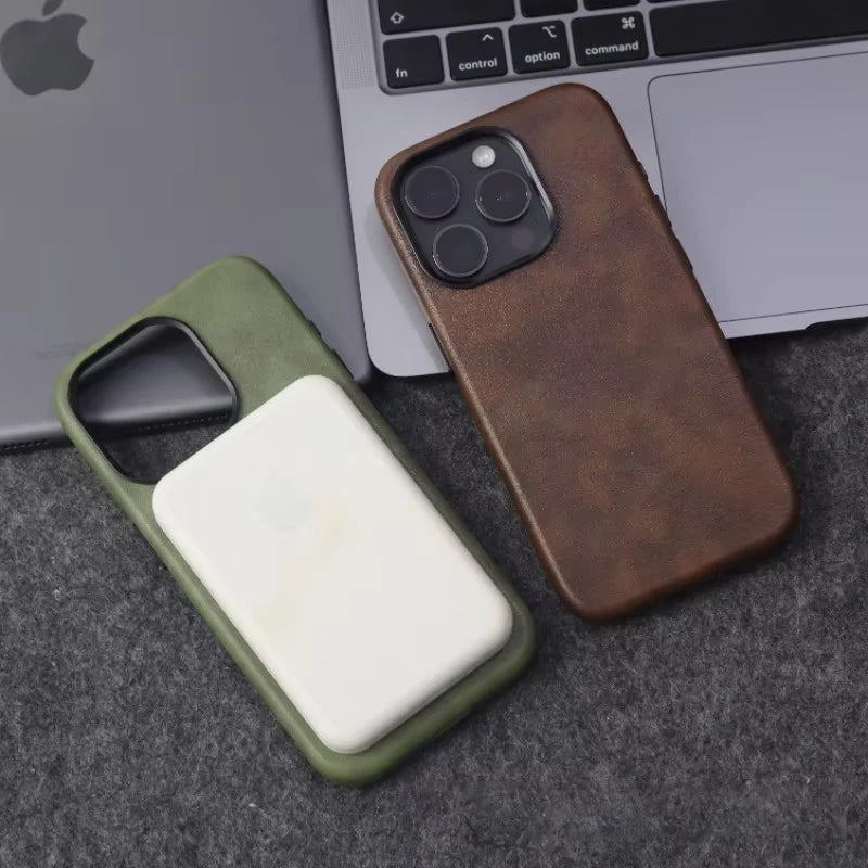 Retro Crazy Horse Leather Magsafe Case Iphone 18pro 15 14 13 12 17 Pro Max Simple Texture Magnetic