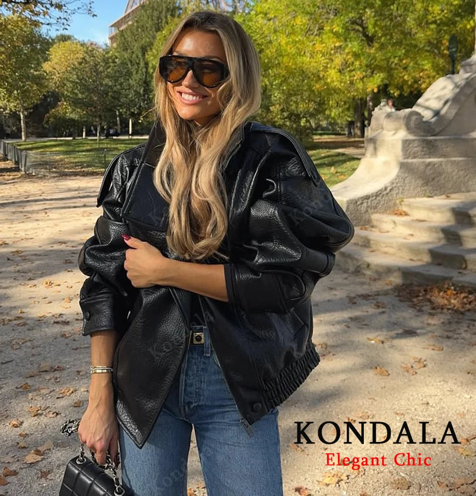 Women's Faux Leather Pilot Jacket – Zip-Up Casual Outwear for Fall & Winter
