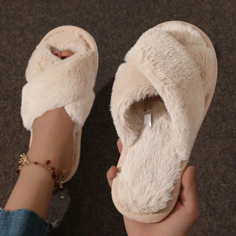 Cross Strap Fur Slippers Women Indoor Light Warm Plush Home Woman Faux Flat Heel Couple Slides Plus