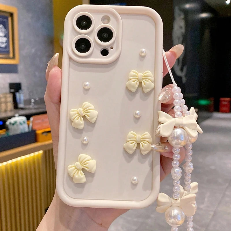 Korean 3d Bowknot Pearl Silicone Phone Case Iphone 16 17 Pro 15 14 13 12 11 Max 16e 7 8 Plus Lanyard