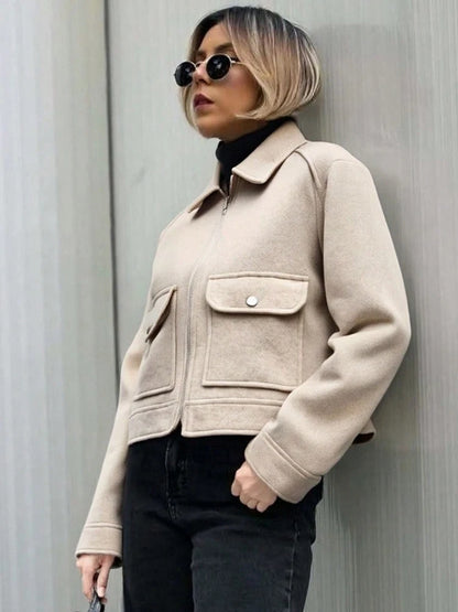 Women's Cropped Zip-Up Jacket – Short Elegant Coat with Pockets
