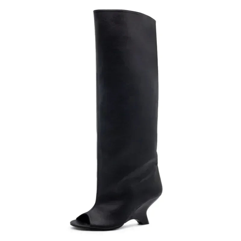Women's Peep Toe Knee-High Boots with Slant Wedge Heel