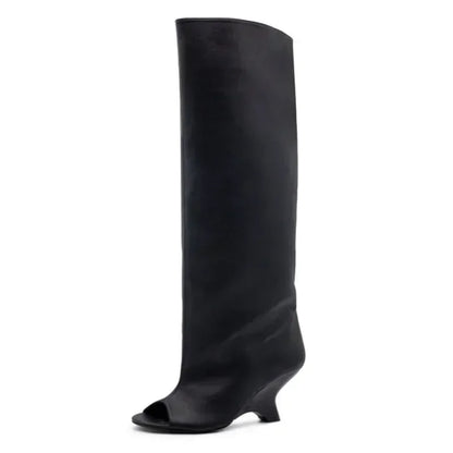 Women's Peep Toe Knee-High Boots with Slant Wedge Heel