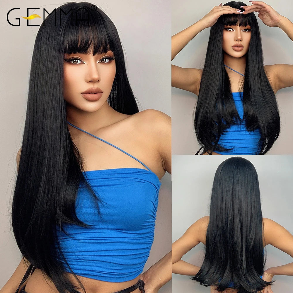 Gemma Ombre Brown Blonde Long Straight Synthetic Wigs Bangs Cosplay Wig Women Temperature Natural