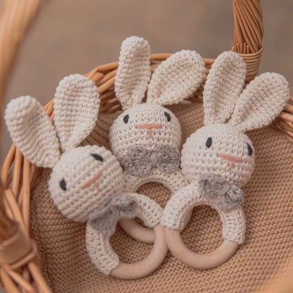 Baby Crochet Rattle & Wooden Teether Toy – BPA-Free Animal Ring