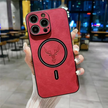 Magnetic Wireless Charge Phone Case Iphone 16 15 14 13 12 11 Pro Max Deer Head Leather Soft