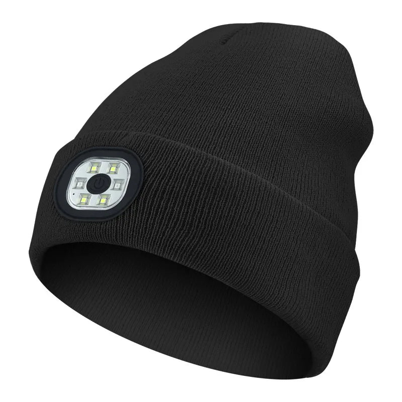 LED Beanie Hat with Headlamp – USB Rechargeable Winter Knit Cap