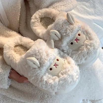 Winter Cartoon Plush Slippers Warm Fluffy Faux Fur Sheep Design Indoor Home Couple Cotton Men Women