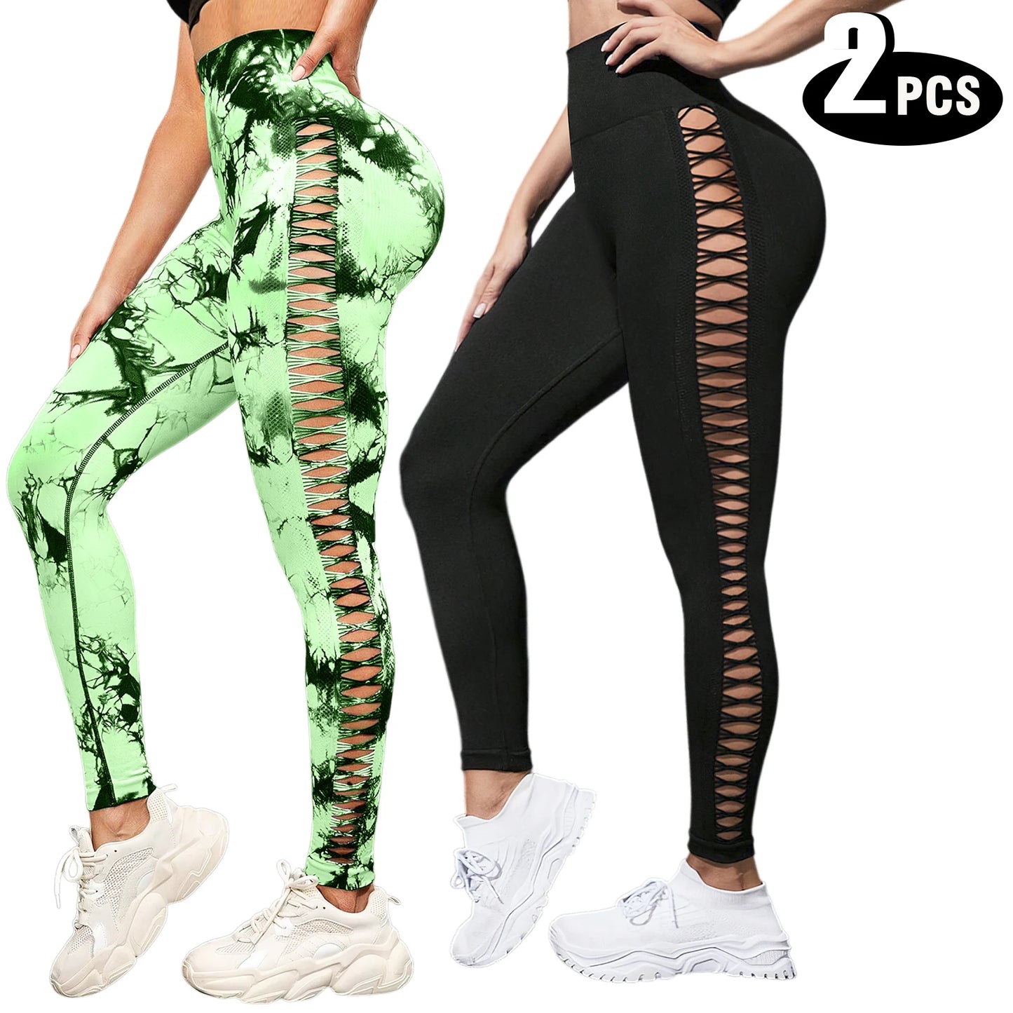 2-Pack Women's High Waist Yoga Leggings with Side Lace-Up Cutout