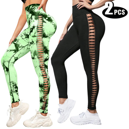 2-Pack Women's High Waist Yoga Leggings with Side Lace-Up Cutout