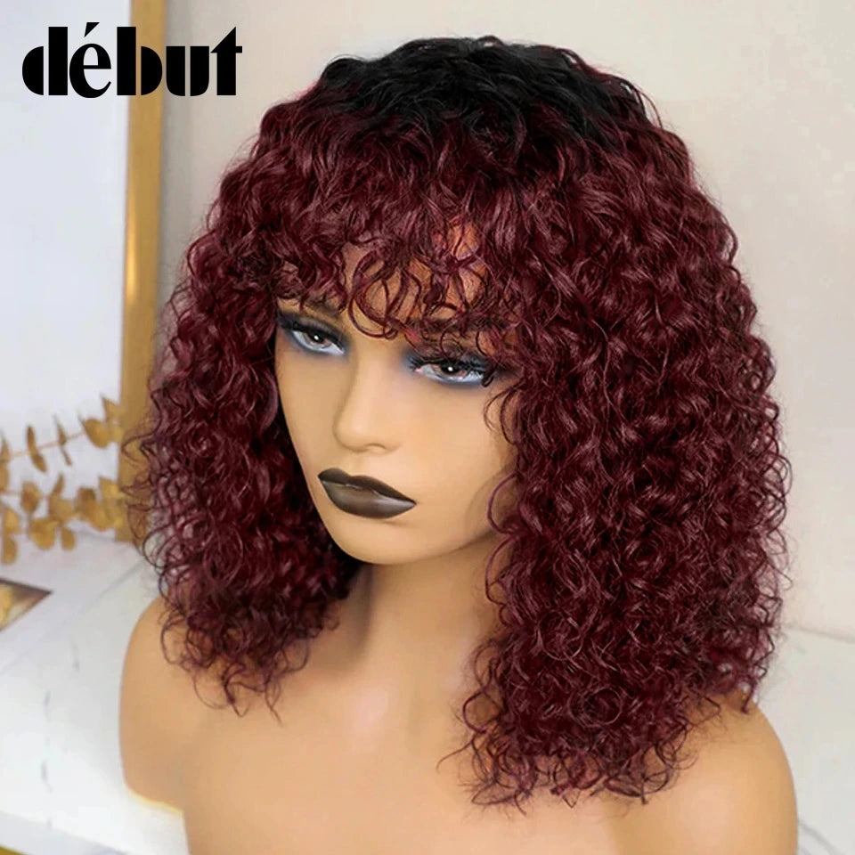 Jerry Curly Short Pixie Bob Cut Human Hair Wigs Bangs Women Wear Go Peruvian Highlight Honey Water