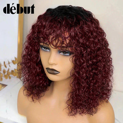 Jerry Curly Short Pixie Bob Cut Human Hair Wigs Bangs Women Wear Go Peruvian Highlight Honey Water