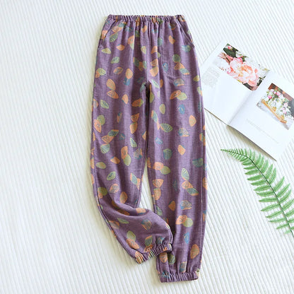 Women's Cotton Crepe Pajama Pants – Loose Floral Print Lounge Bottoms