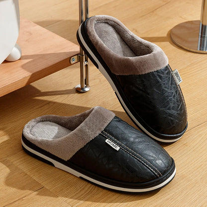 Men's Waterproof Fur-Lined Winter Slippers – PU Leather House Shoes