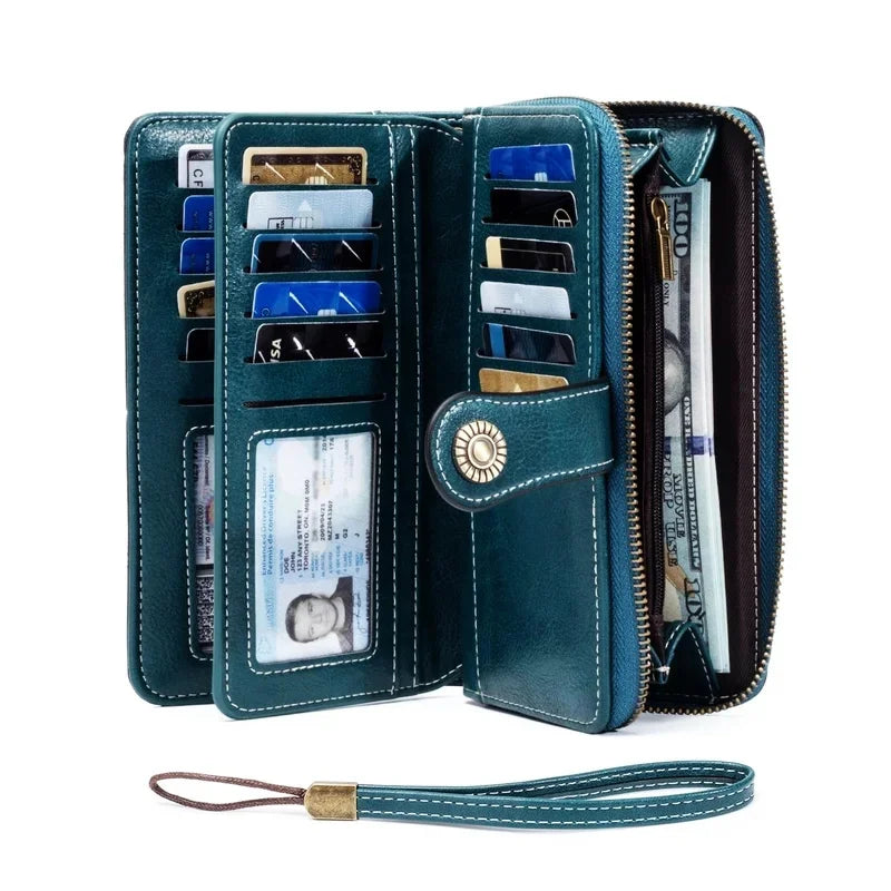 RFID Blocking Leather Long Wallet – Large Capacity Zipper Clutch