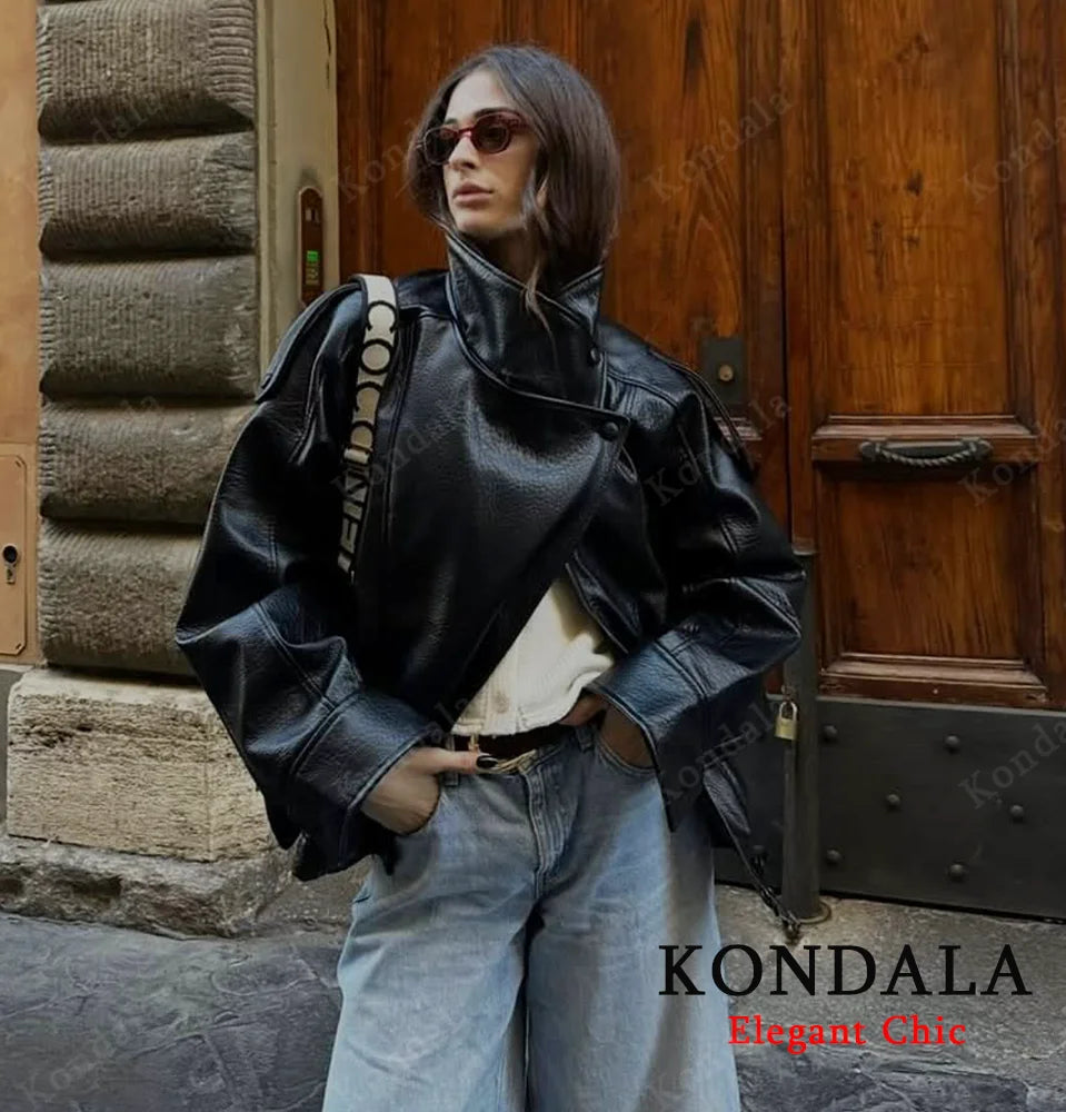 Women's Faux Leather Pilot Jacket – Zip-Up Casual Outwear for Fall & Winter