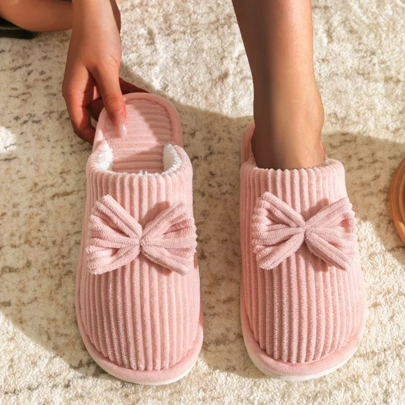 Women S Bow Slippers Fall Winter Indoor Bedroom Floor Lightweight Comfortable Soft Warm Slippers