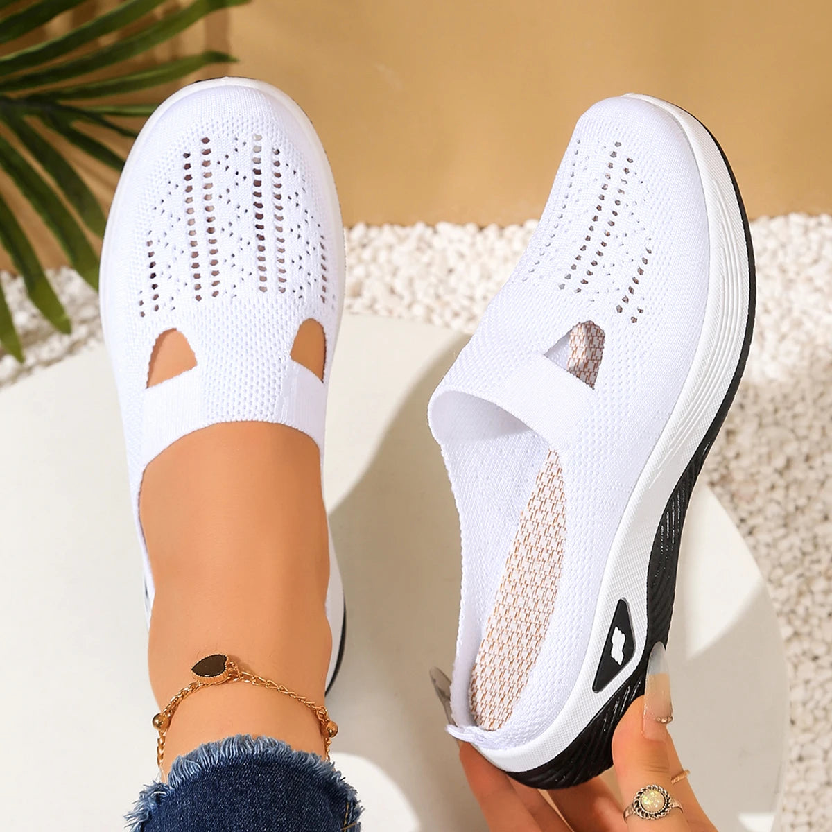 Women's Slip-On Knit Mule Sneakers – Breathable Air Cushion Slippers