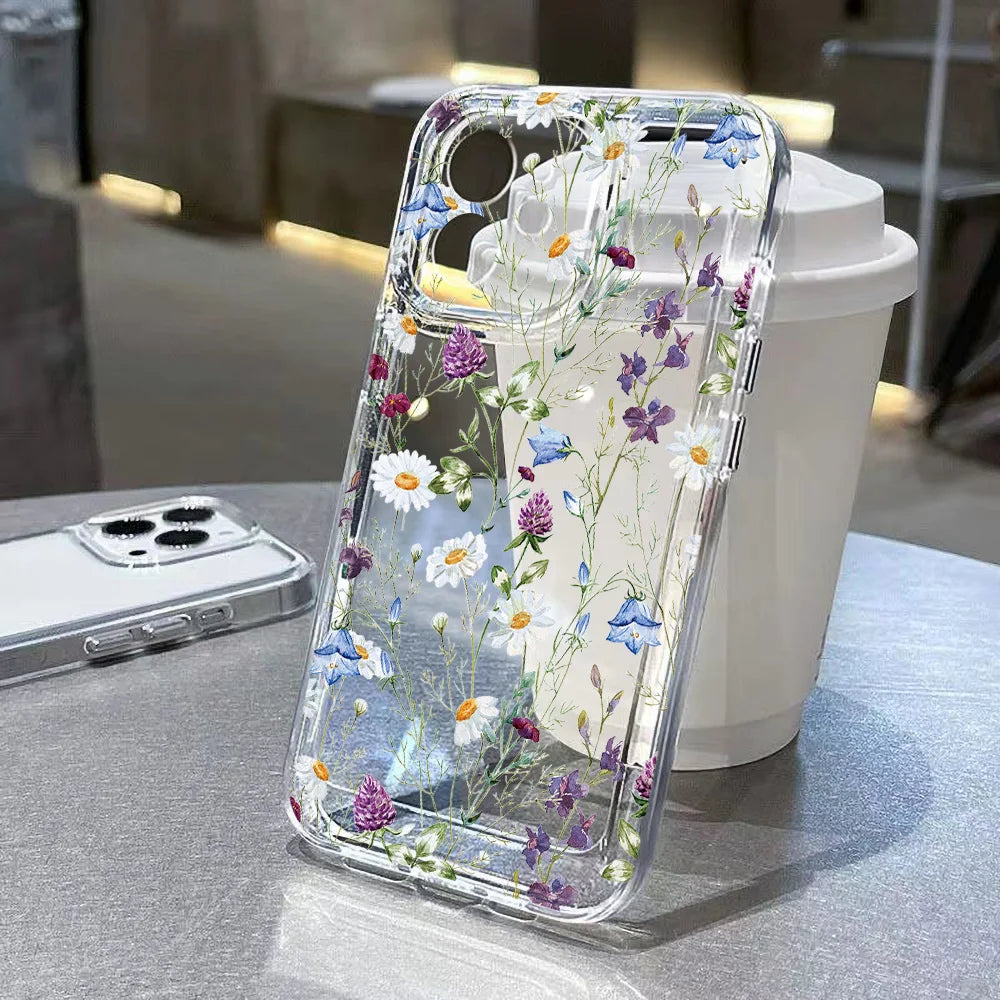 Flower Pattern Transparent Case Iphone 17 Air 15 16 Pro Max 11 14 12 13 Soft Silicone Floral Cover