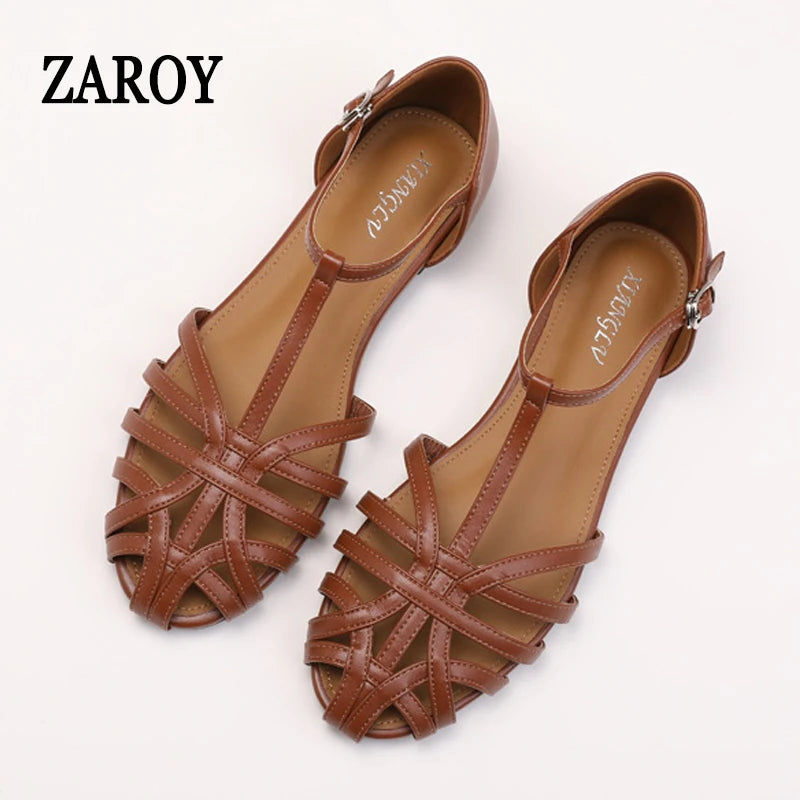 Women's Flat Roman Sandals – Woven Cage Cross Strap