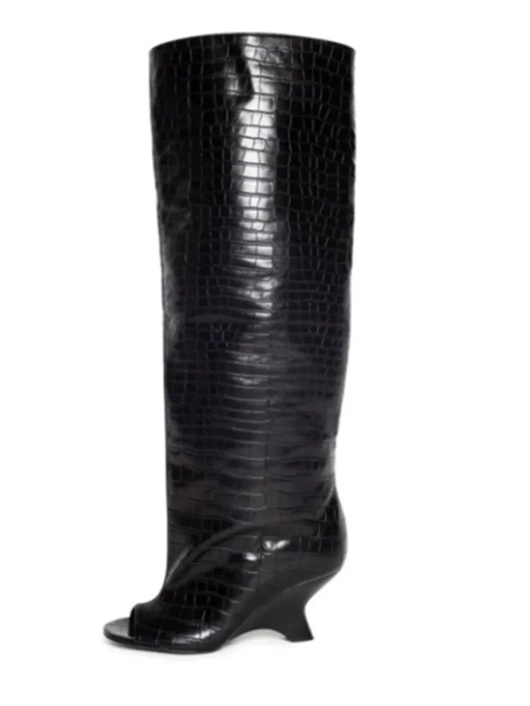 Women's Peep Toe Knee-High Boots with Slant Wedge Heel