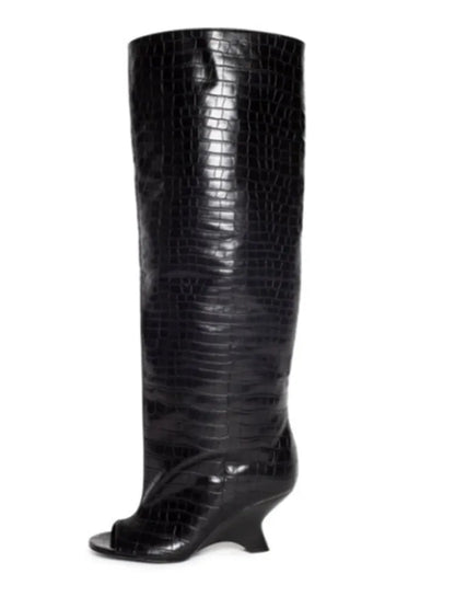 Women's Peep Toe Knee-High Boots with Slant Wedge Heel