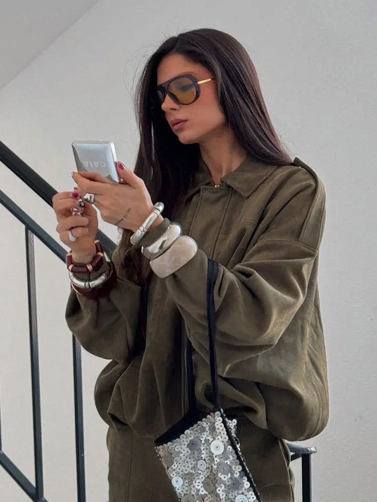 Women's Suede Bomber Jacket – Vintage Loose Zip-Up Coat with Lapel Collar