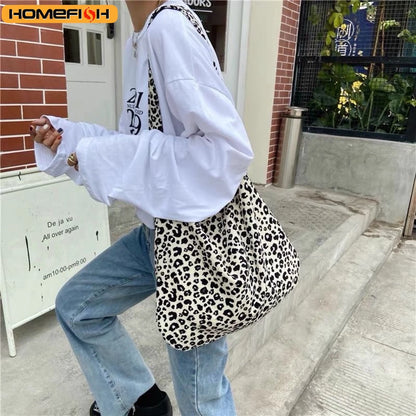 Leopard Print Canvas Shoulder Bag – Korean Style Messenger Bag