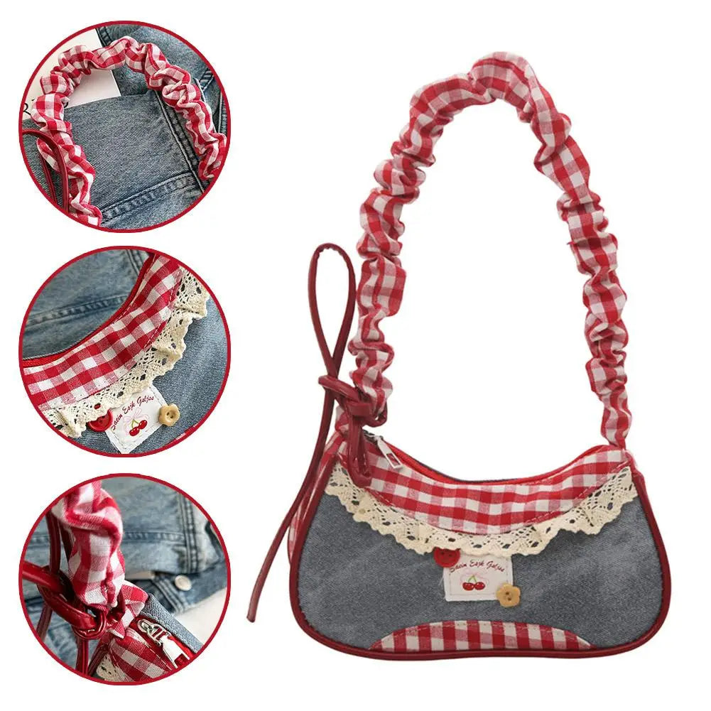Gingham Lace Shoulder Bag – Cute Underarm Bag for Women
