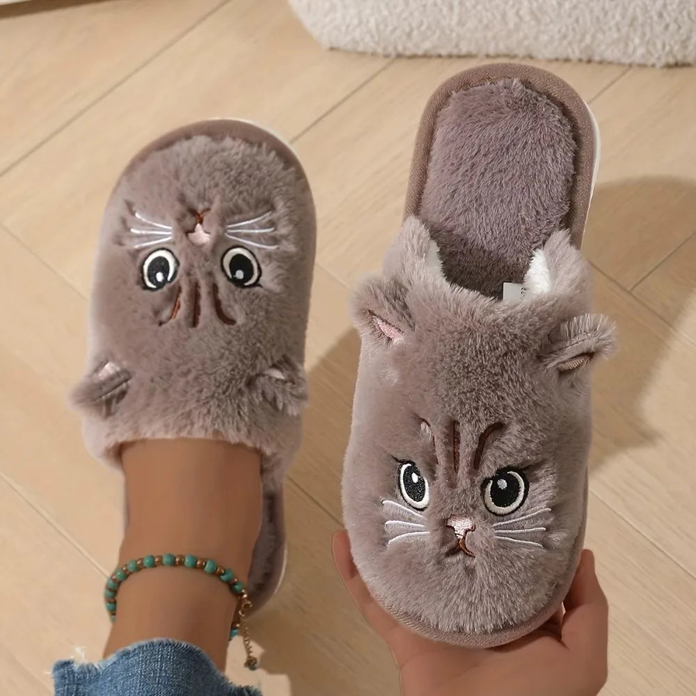 Women's Plush Cat Slippers Cozy Indoor House Shoes Non-Slip