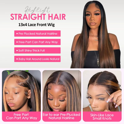 Ombre Highlight Straight Lace Front Wig – HD Transparent Lace Human Hair