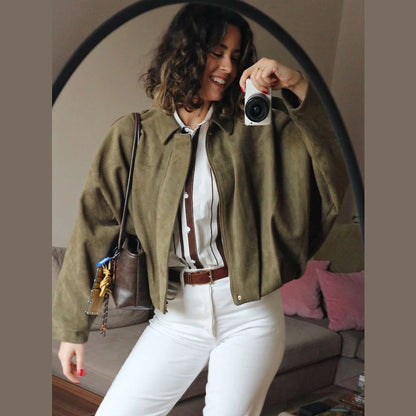 Women's Cropped Suede Bomber Jacket – Lapel Zip Racing Coat