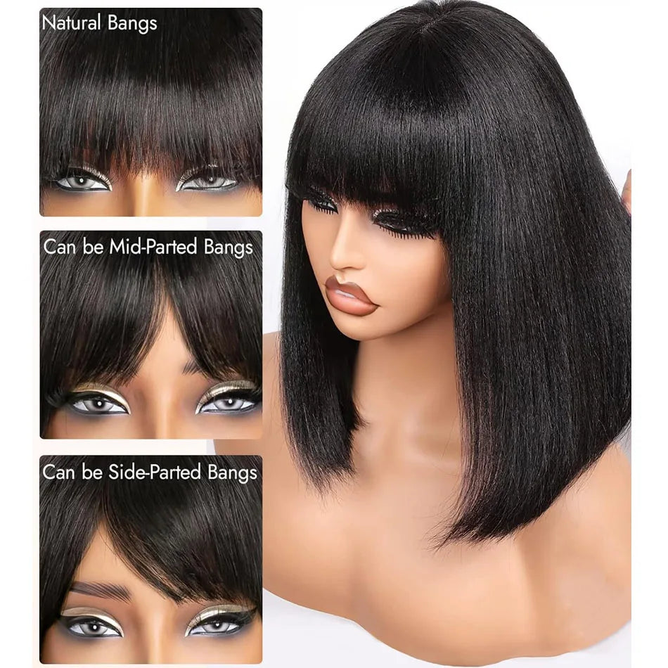 16 Inch Straight Bob Bangs Wig 3x1 Lace Human Hair Wigs 200 Density Short Natural Black Ready Wear