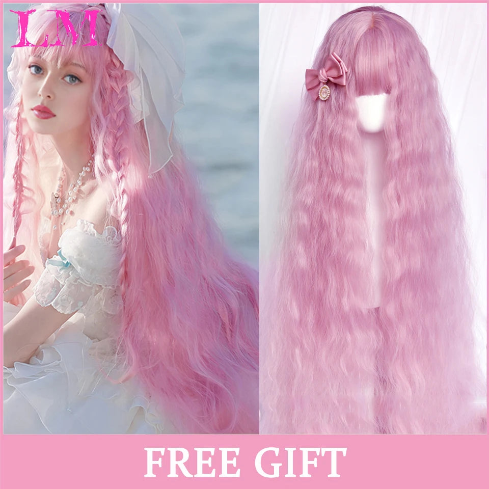 Lm Cosplay Wig Bangs Synthetic Straight Hair 24 Inch Long Heat-Resistant Pink Women
