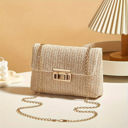 Woven Straw Crossbody Bag with Gold Chain & Lock Closure
