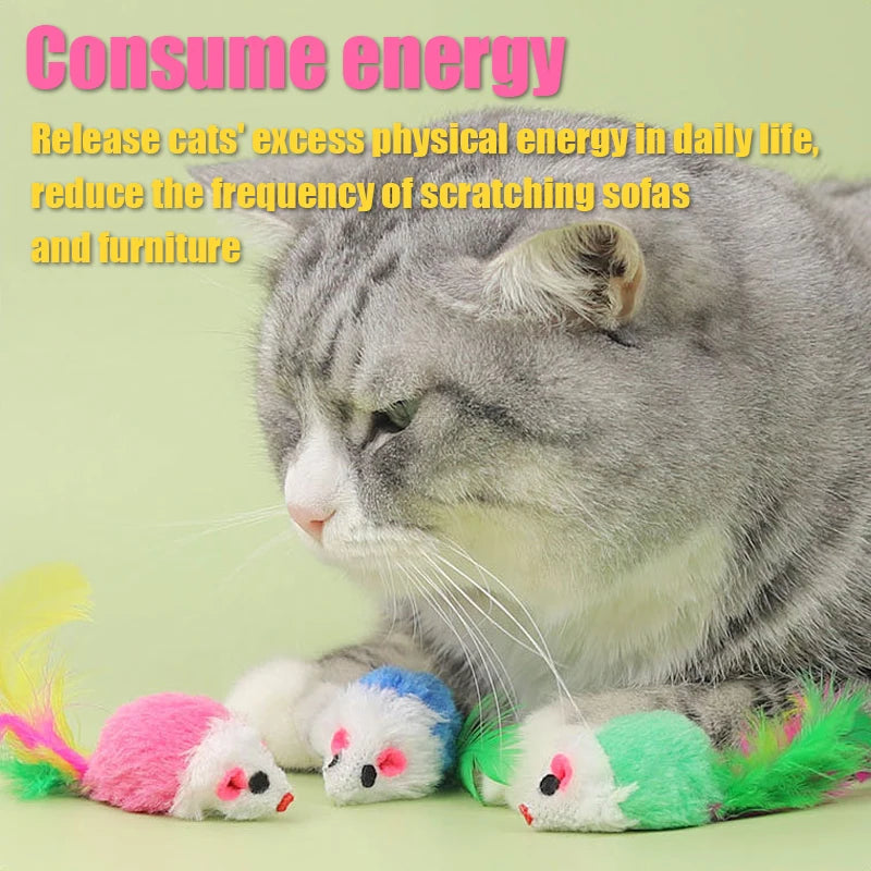 Plush Mouse Cat Toys with Colorful Feather Tails – Squeaky Mice for Indoor Cats