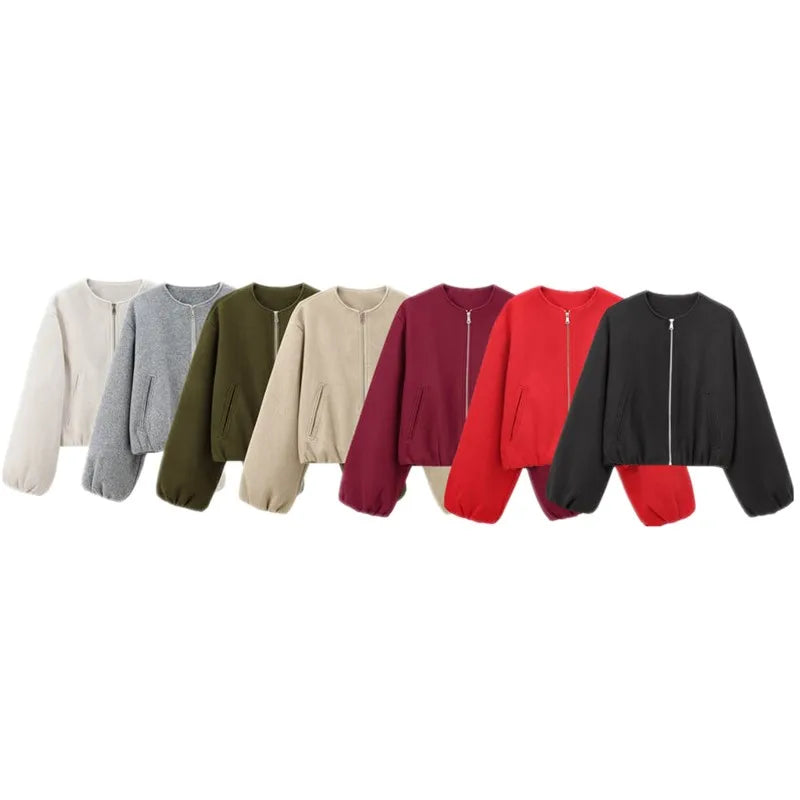 Women's Loose Cropped Bomber Jacket – Zip-Up Long Sleeve Coat