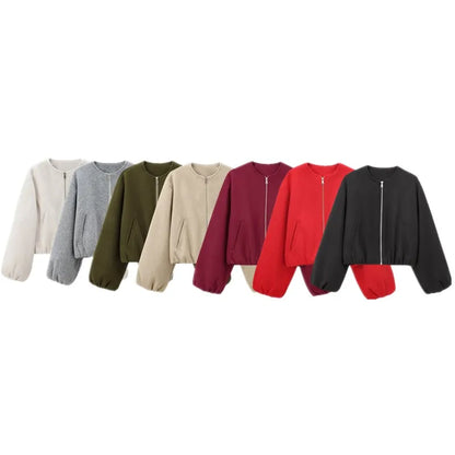 Women's Loose Cropped Bomber Jacket – Zip-Up Long Sleeve Coat