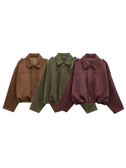 Women's Suede Bomber Jacket – Vintage Loose Zip-Up Coat with Lapel Collar