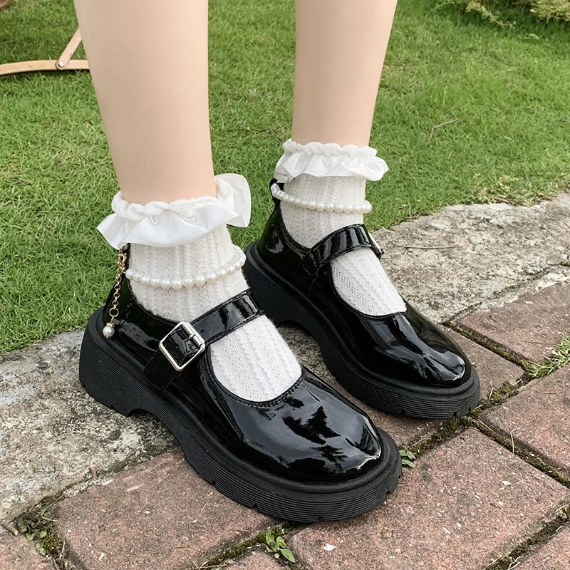 Women's Pearl Chain Mary Jane Shoes – Patent Leather Platform