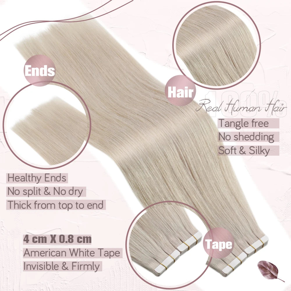 Ugeat Tape Hair Extensions Human Real Natural Brazilian Remy Straight Seamless Skin Weft Women