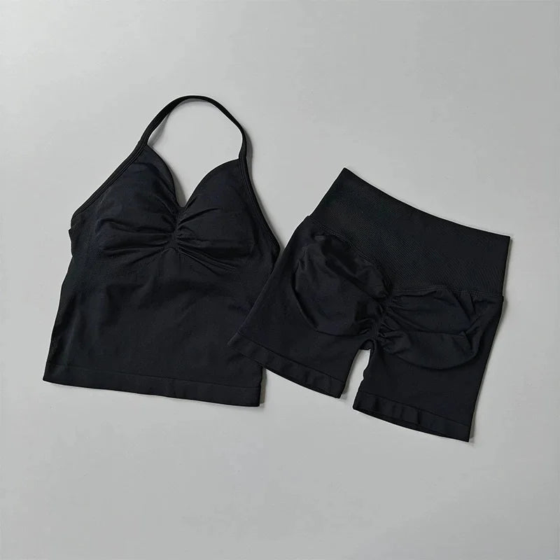 Women's Strappy Backless Crop Top & Scrunch Shorts Set – Gym Yoga Activewear