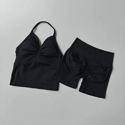 Women's Strappy Backless Crop Top & Scrunch Shorts Set – Gym Yoga Activewear