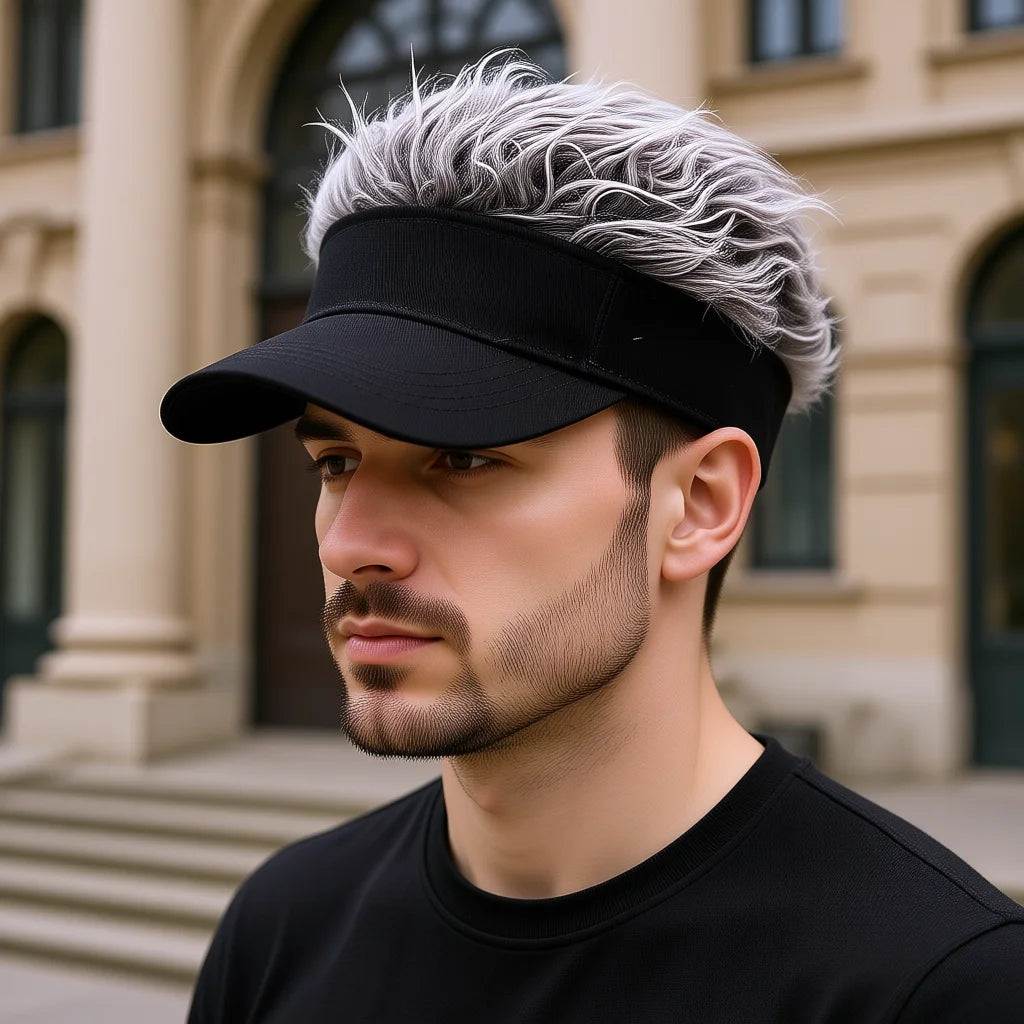 Faux Hair Sun Visor Cap with Fake Spiked Wig – Unisex Novelty Hat