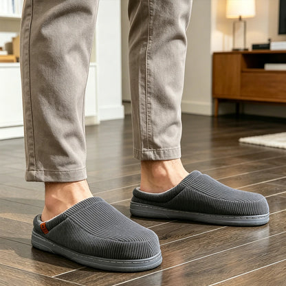 Warm Slippers Men Tpr Sole Memory Foam Soft Cushion Non Slip Stripe Design Comfortable Corduroy
