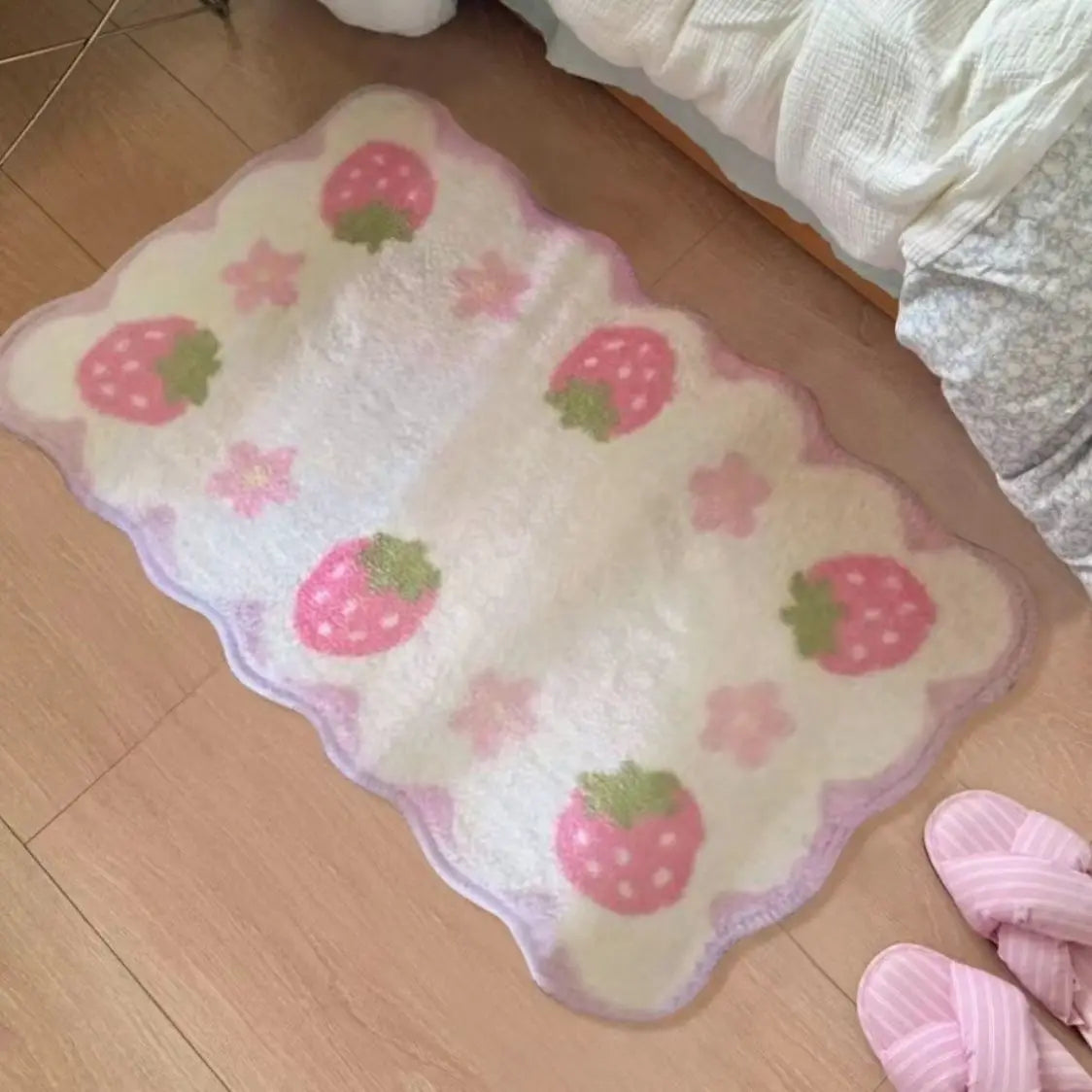 Strawberry Plush Bedroom Rug – Cute Anti-Slip Carpet