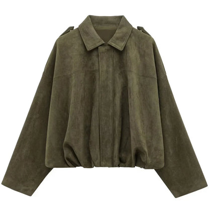 Women's Suede Cropped Bomber Jacket – Oversized Batwing Coat